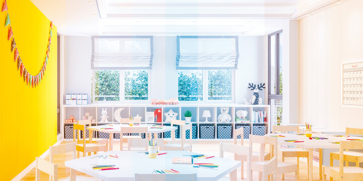 Room in a daycare center with the course of different light colors, which represents the function of Human Centric Lighting.